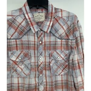 BKE Shirt Men's XL Blue Red Western Pearl Snap Tailored Fit Lightweight Plaid